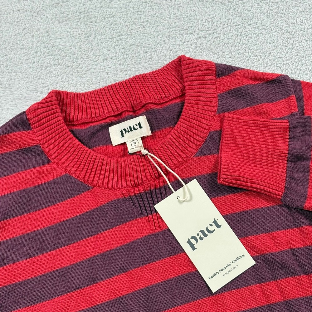 Pact Classic Crew Neck Sweater Maroon Rococo Red Striped Organic Cotton NWT M
